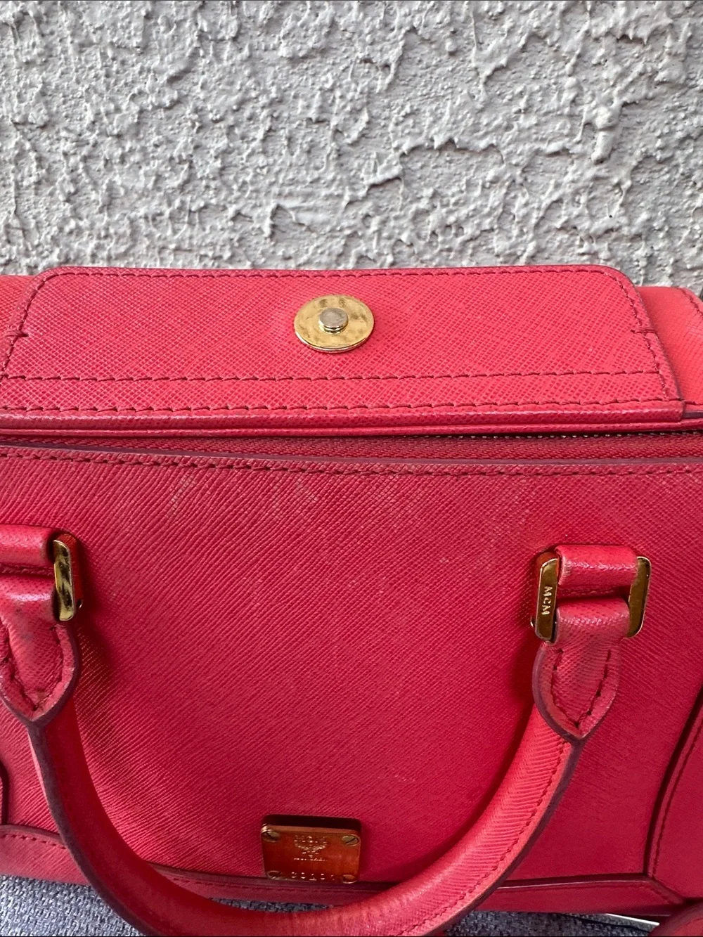 MCM Red Saffiano Leather Satchel Bag with Removable Strap
